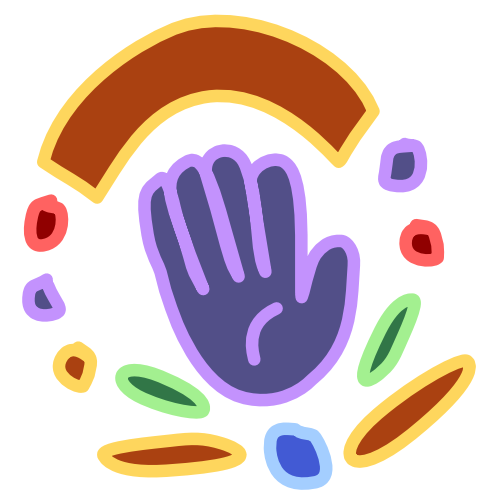 A purple hand palm out with light line art sits below a brown arch outlined in yellow. Trailing from the ends of the arch are small circles, 3 on the left, red, purple, yellow, 2 on the right, purple, red. Below the hand and between the dots  is another circle, blue, and two pairs of ovals. The bottom pair are almost perpendicular to the blue circle, and are yellow. The second pair is above the bottom pair and align in an acute angle. These ovals are green. This arrangement of shapes makes a circle around the hand.